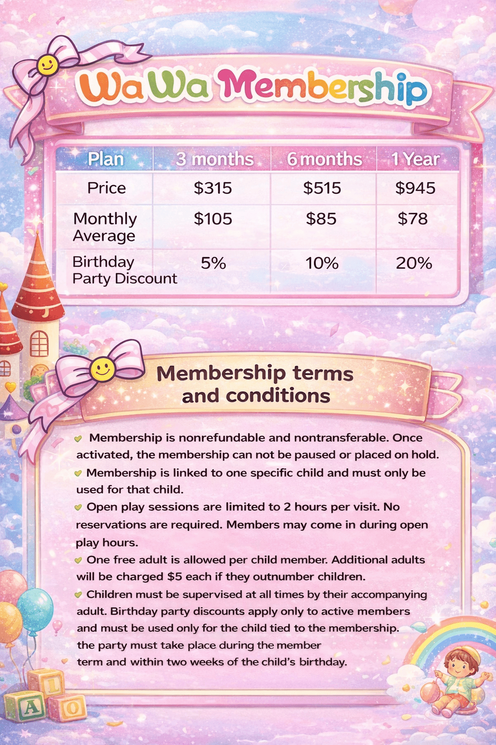 WaWa Fun Island Memberships and Conditions